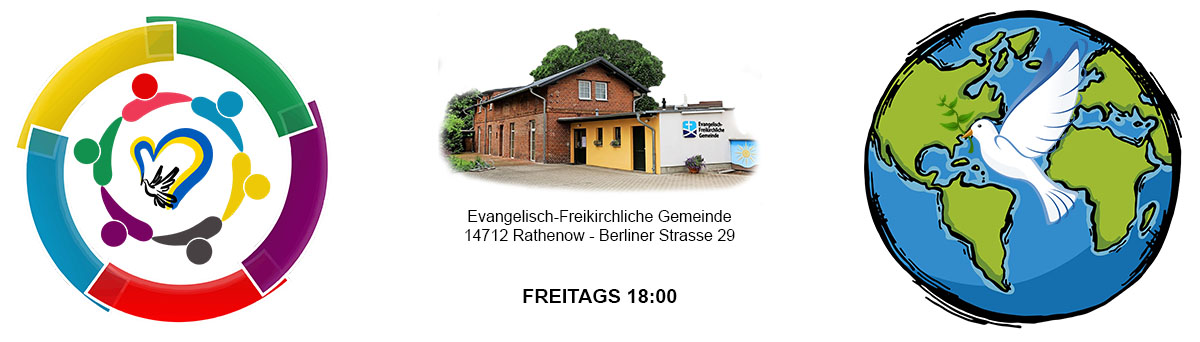 Banner mit Symbolen für Gemeinschaft, Ukraine-Unterstützung und Frieden.